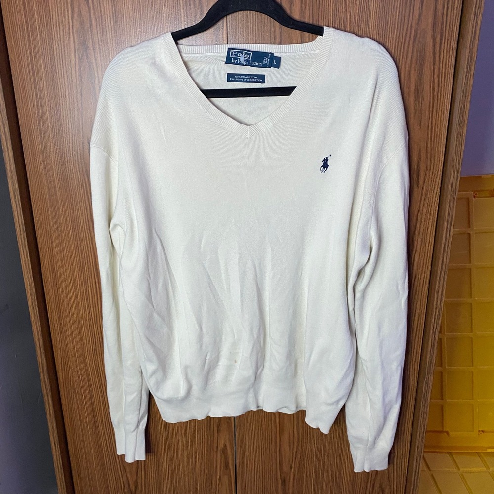 Polo Ralph Lauren Sweater Mens Large Cream Pima Cotton V-Neck Pony Logo STAIN